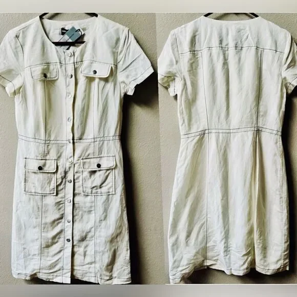 Karl Lagerfeld Paris Women's Linen Blend Soft White Utility Dress Size 6~NWT - Picture 2 of 9
